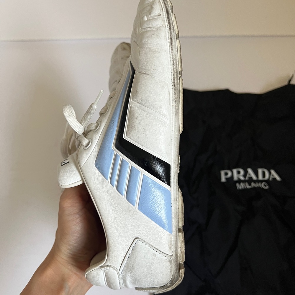Prada womens White Leather Sneakers with Light Blue and Black Accents size 36 - Picture 7 of 13